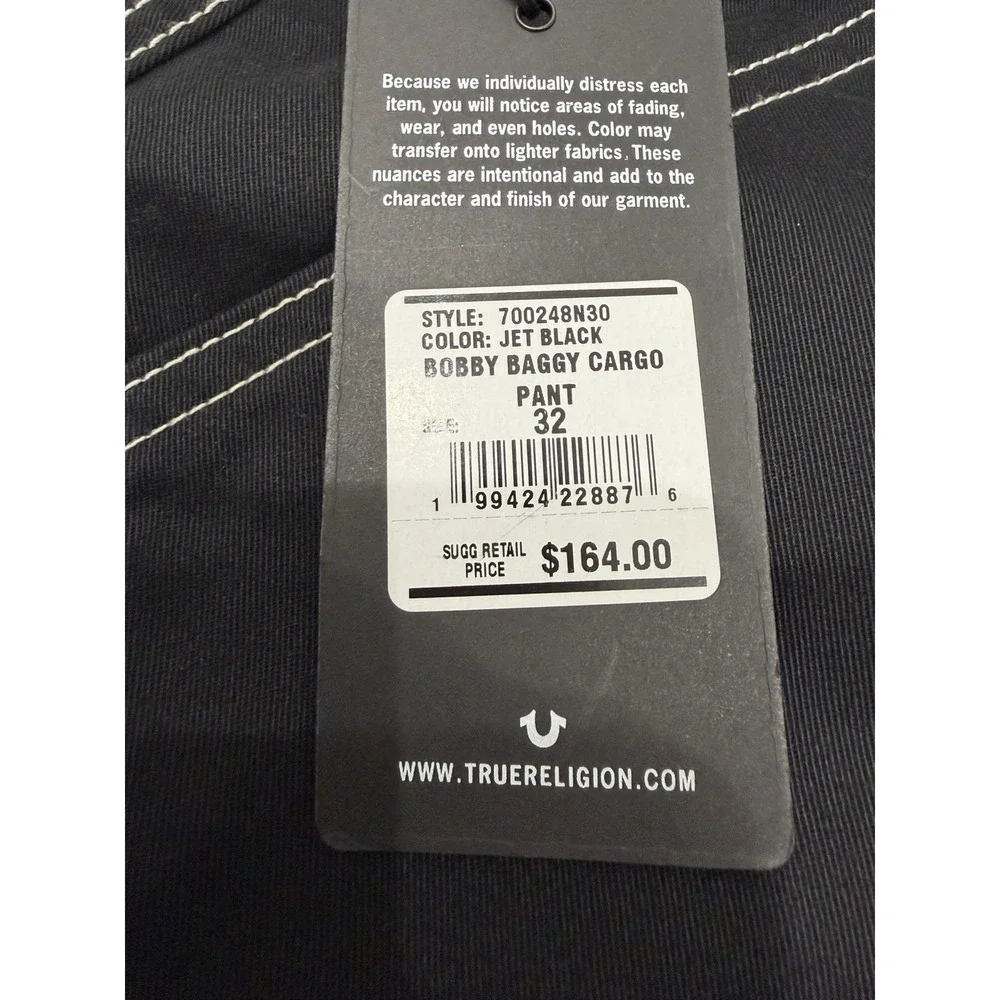 True Religion Mens Bobby Baggy Cargo Jet Black Pants Size 32 NWT